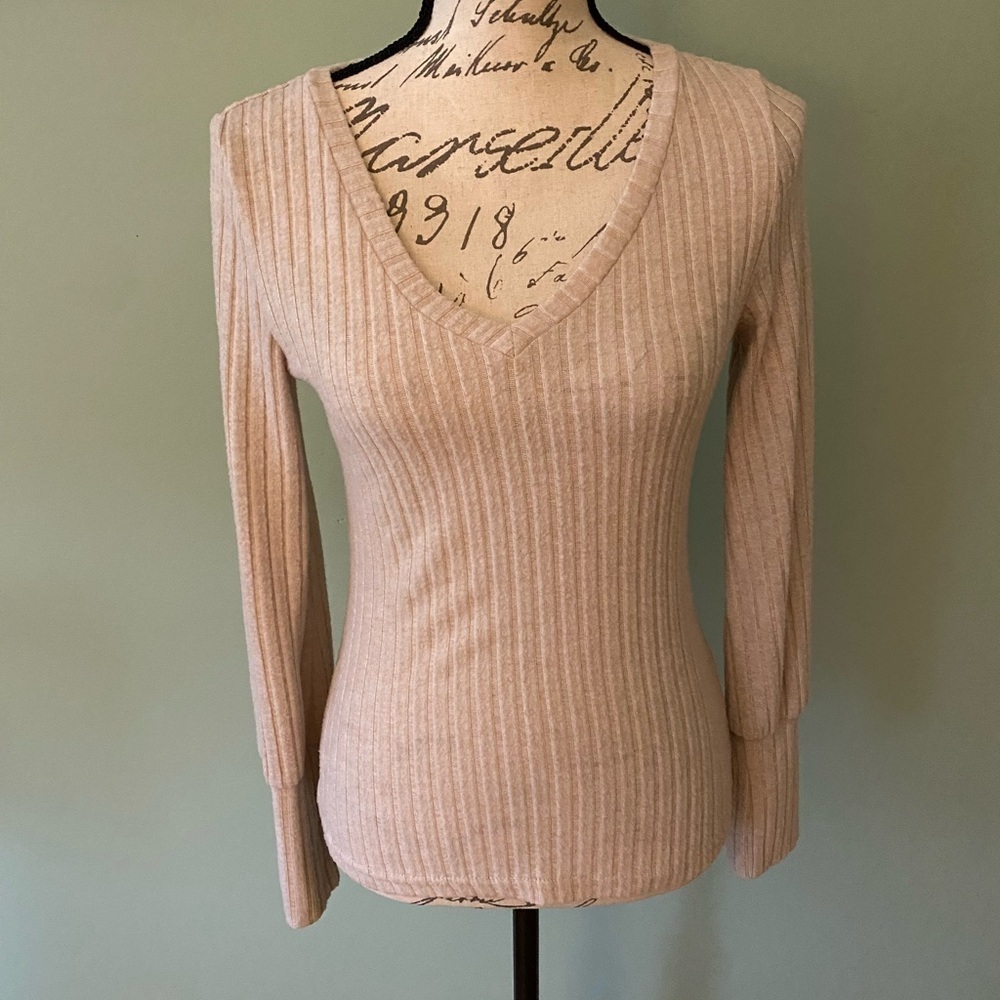 Beige V-Neck Ribbed Sweater